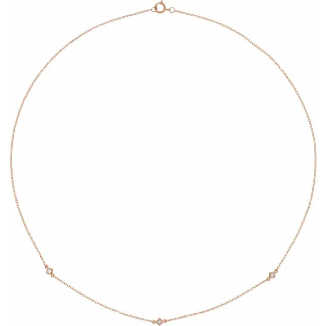  Natural Diamond 3-Station Princes Cut Bezel Set Necklace on Rose Gold 