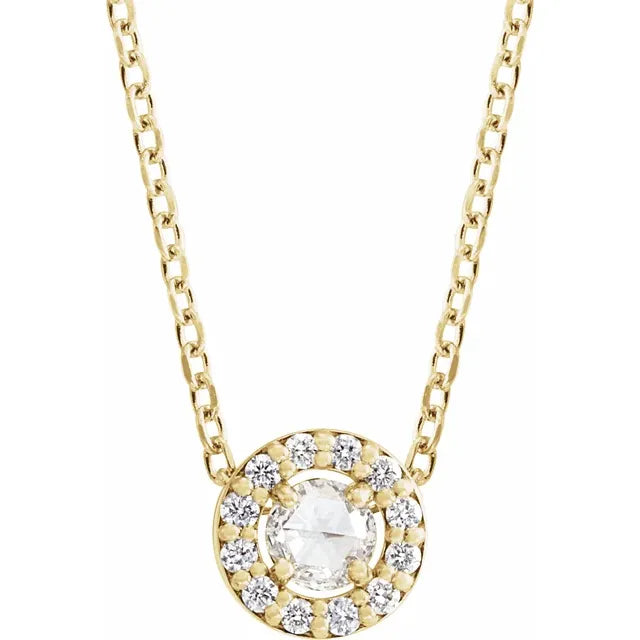 1/8 CTW Rose-Cut Natural Diamond Halo-Style Necklace on yellow gold