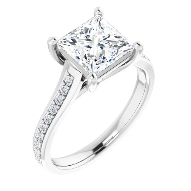 Accented Shank Princess Cut Lab Grown Diamond Engagement Ring. (1.2 CTW & 2.2 CTW)