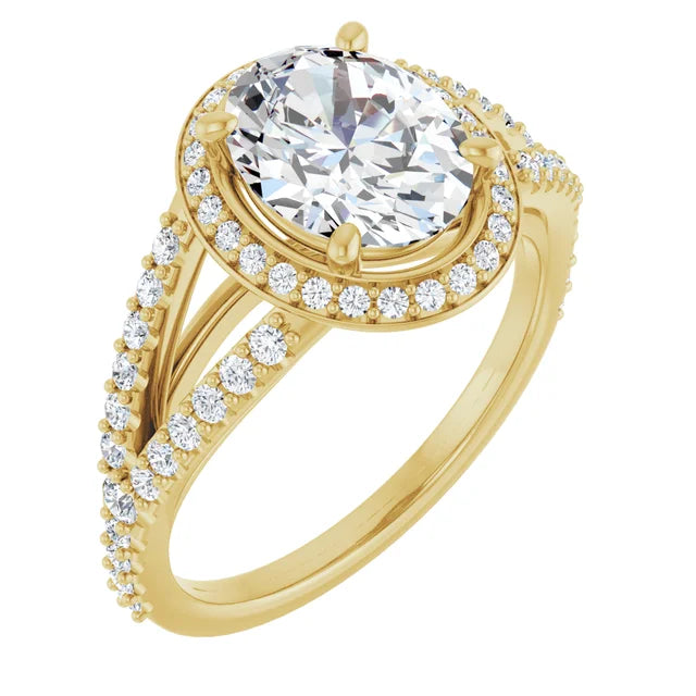 2 1/2 CTW Lab Grown Halo Style Oval Engagement Ring on yellow gold sideway picture showing center stone 