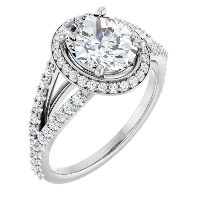 2 1/2 CTW Lab Grown Halo Style Oval Engagement Ring on white gold sideway picture showing center stone 