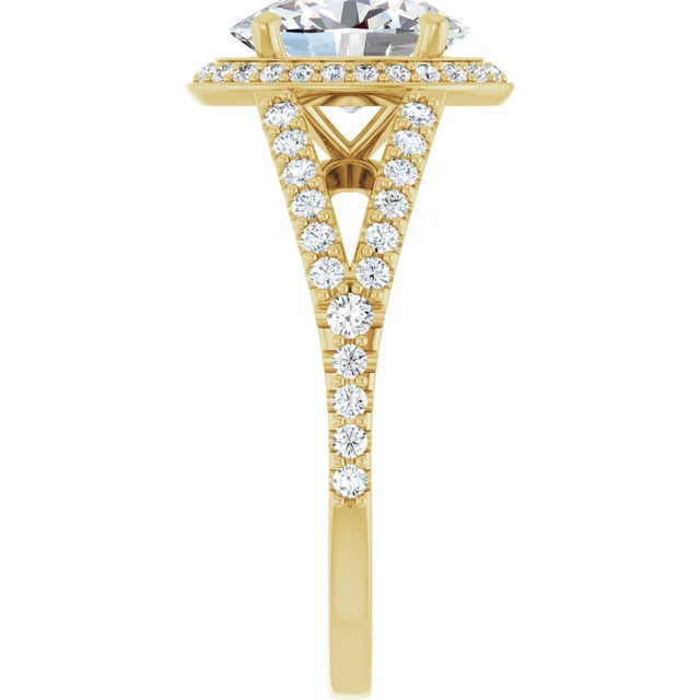 2 1/2 CTW Lab Grown Halo Style Oval Engagement Ring on yellow gold showing diamond on shank