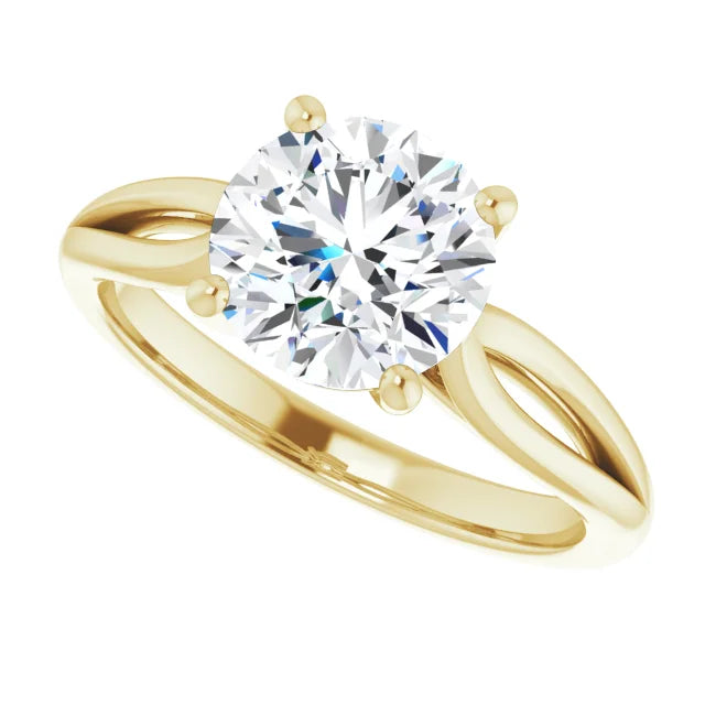 2 CT Split Shank round Lab Grown diamond engagement ring on yellow gold sideway picture 