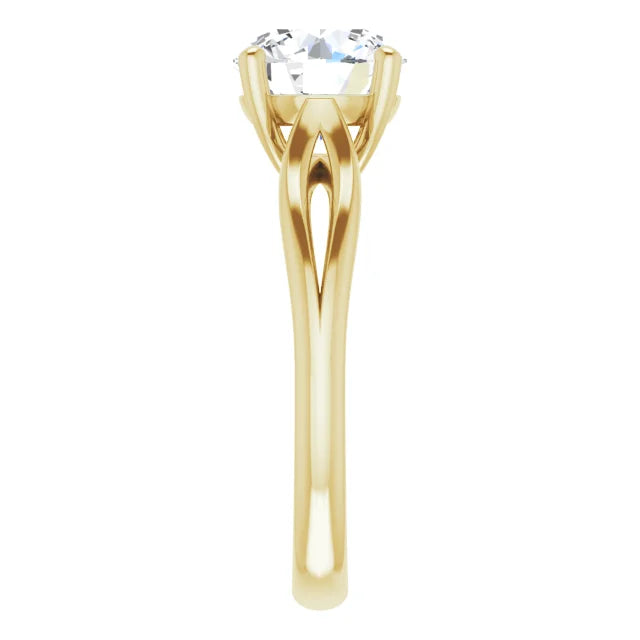 2 CT Split Shank round Lab Grown diamond engagement ring on yellow gold showing split shank 