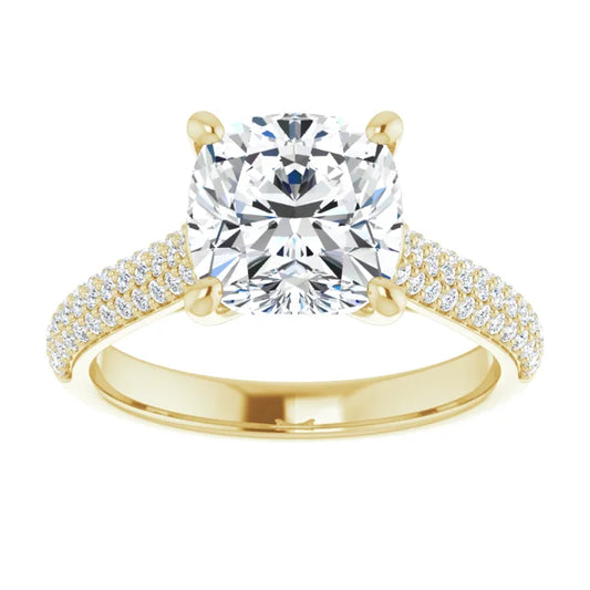 3 1/3 CTW French pave Cushion Cut accented shank lab grown Diamond Engagement Ring For Women in Yellow Gold
