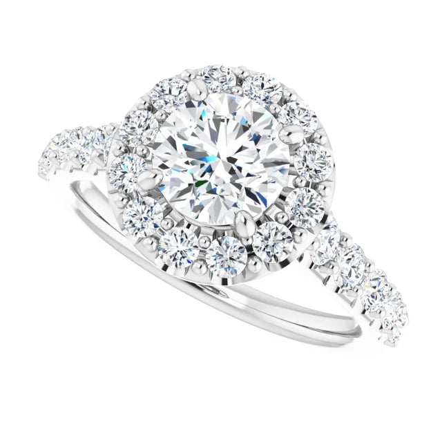 2 CTW Halo Style Lab Grown Diamond Engagement Ring   White Gold Showing Diamond on shank and center stone