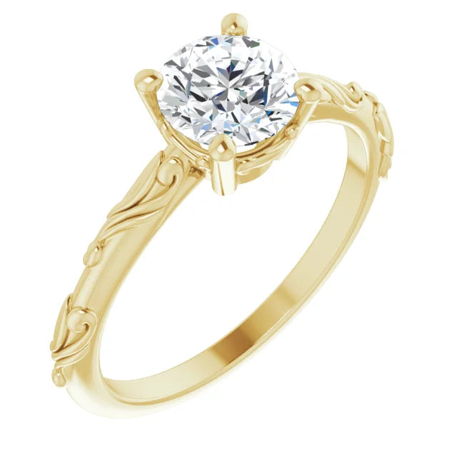 1 CT Lab Grown Diamond Round Solitaire Scroll Engagement Ring for women  14K Yellow gold sideway picture 