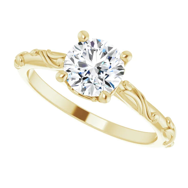 1 CT Lab Grown Diamond Round Solitaire Scroll Engagement Ring for women on yellow gold sideway picture 