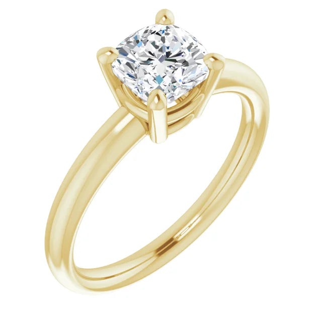 1 CT Cushion cut diamond solitaire engagement ring for women on yellow gold sideway picture showing center stone