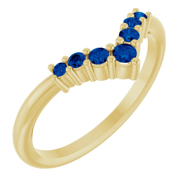 7-Stone Natural Blue Sapphire Graduated V Ring on yellow gold