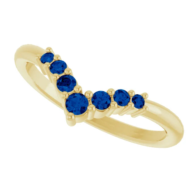 7-Stone Natural Blue Sapphire Graduated V Ring on yellow gold sideway picture 