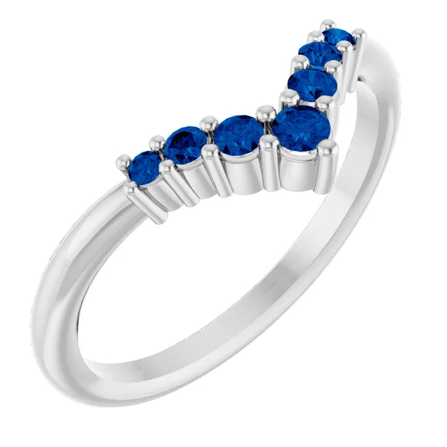 7-Stone Natural Blue Sapphire Graduated V Ring on White gold