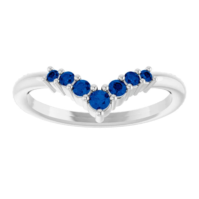 7-Stone Natural Blue Sapphire Graduated V Ring on white gold showing stones