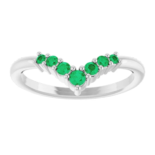 7-Stone Natural Emerald Graduated V Ring on White gold