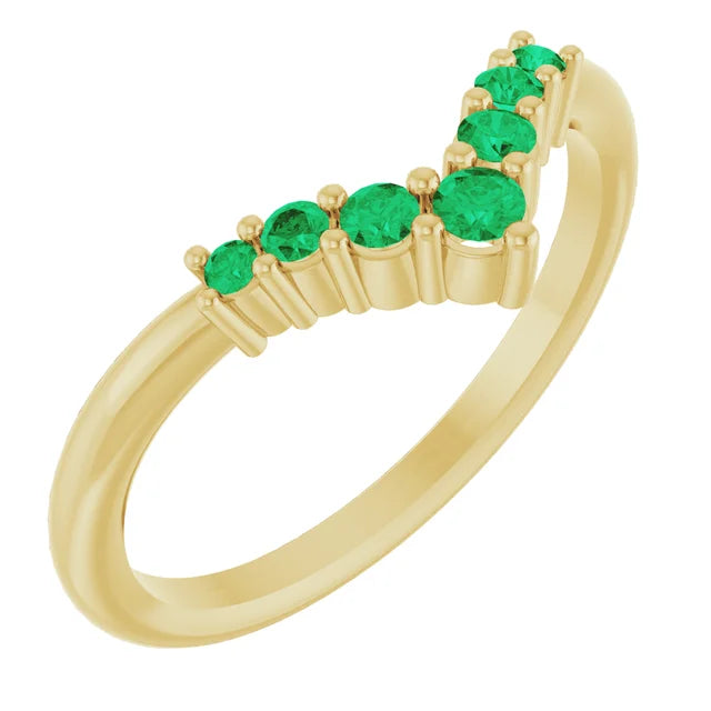 7-Stone Natural Emerald Graduated V Ring on Yellow Gold