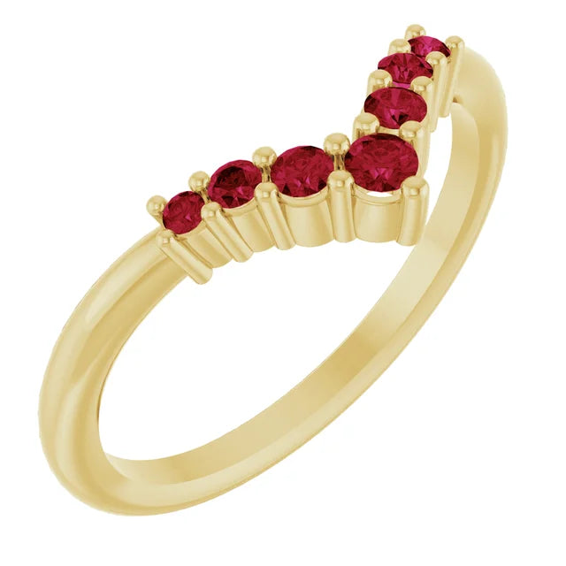 7-Stone Natural Ruby Graduated V Ring on yellow gold