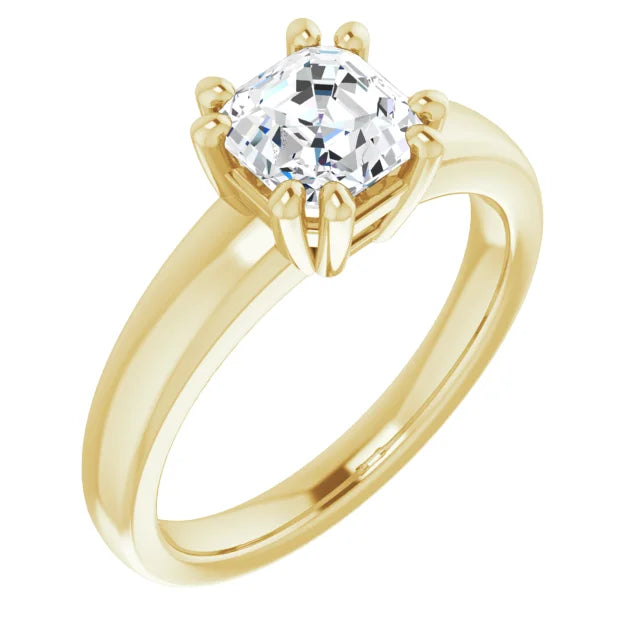 1 CT 8 Prong asscher Solitaire Diamond engagement Ring for women yellow gold showing center stone from the side 