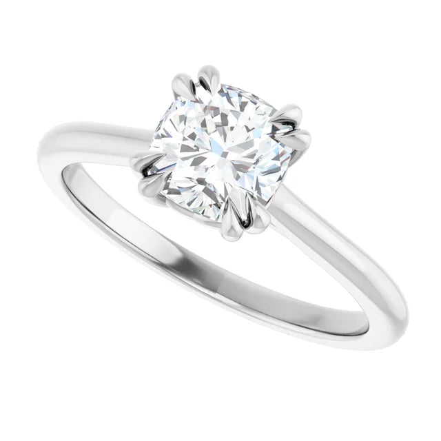 1 CT 8 Prong Cushion Cut Diamond Engagement Ring for women on white gold sideway picture showing prongs and center stone 