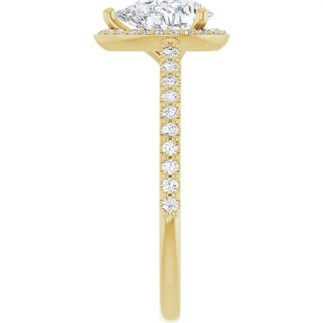 1 CT Halo Style Pear Shape Diamond Engagement Ring for women yellow gold showing diamond on shank 