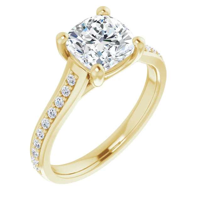 2 CT Cushion cut Diamond engagement Ring for women  on yellow gold sideway pic showing diamond on shank and center stone 