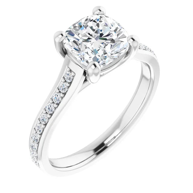 2 CT Cushion cut Diamond engagement Ring for women  on White gold sideway pic showing diamond on shank and center stone 