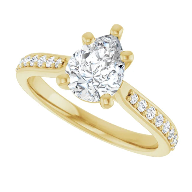 1 CT accented Shank pear shape diamond engagement Ring for women yellow gold sideway picture showing center stone 