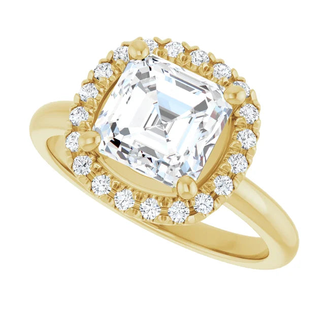 2 CTW Halo Style asscher diamond engagement Ring for Women yellow gold sideway picture showing halo style and center stone 