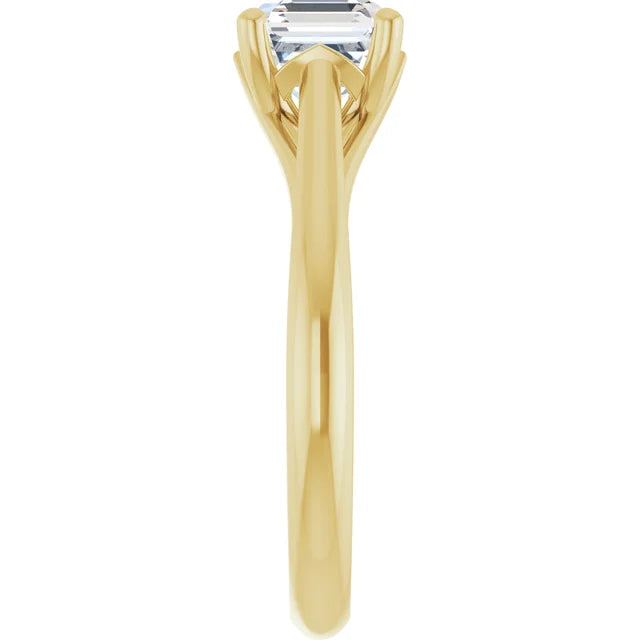 Asscher Cut Solitaire Diamond Engagement Ring for Women on yellow gold showing shank from the side 