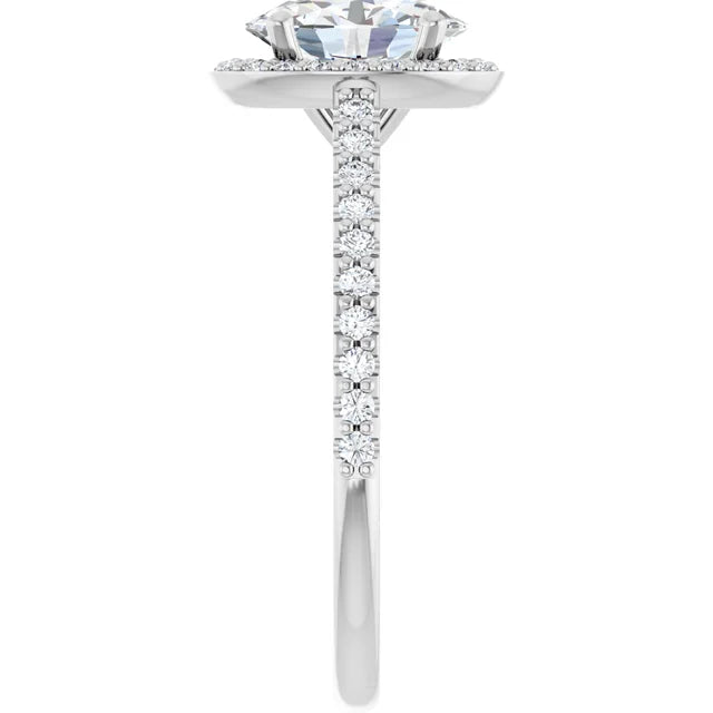 Halo Style Oval Shape solitaire Diamond Engagement Ring on White gold showing diamond on the shank 