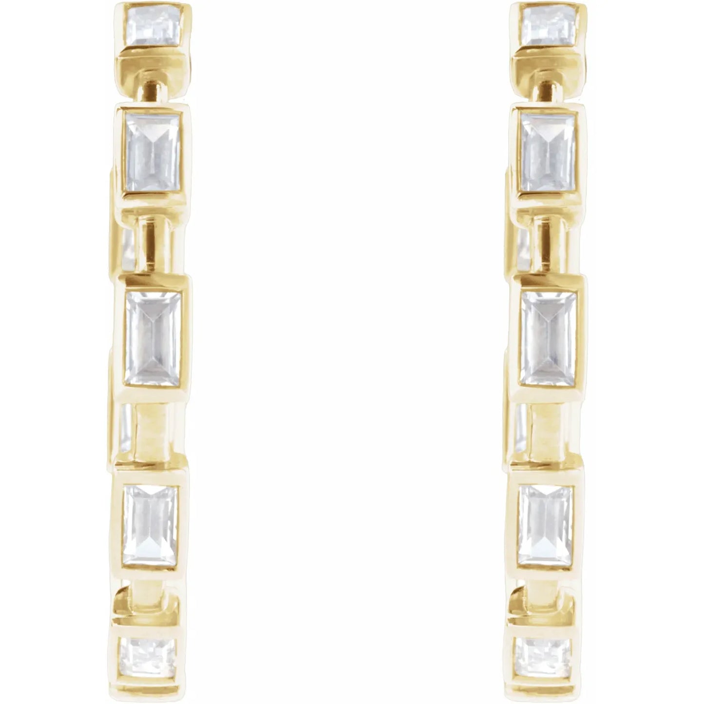 1 1/4 CTW Straight Baguette Lab Grown Diamond Hoop Earrings yellow gold showing stones 