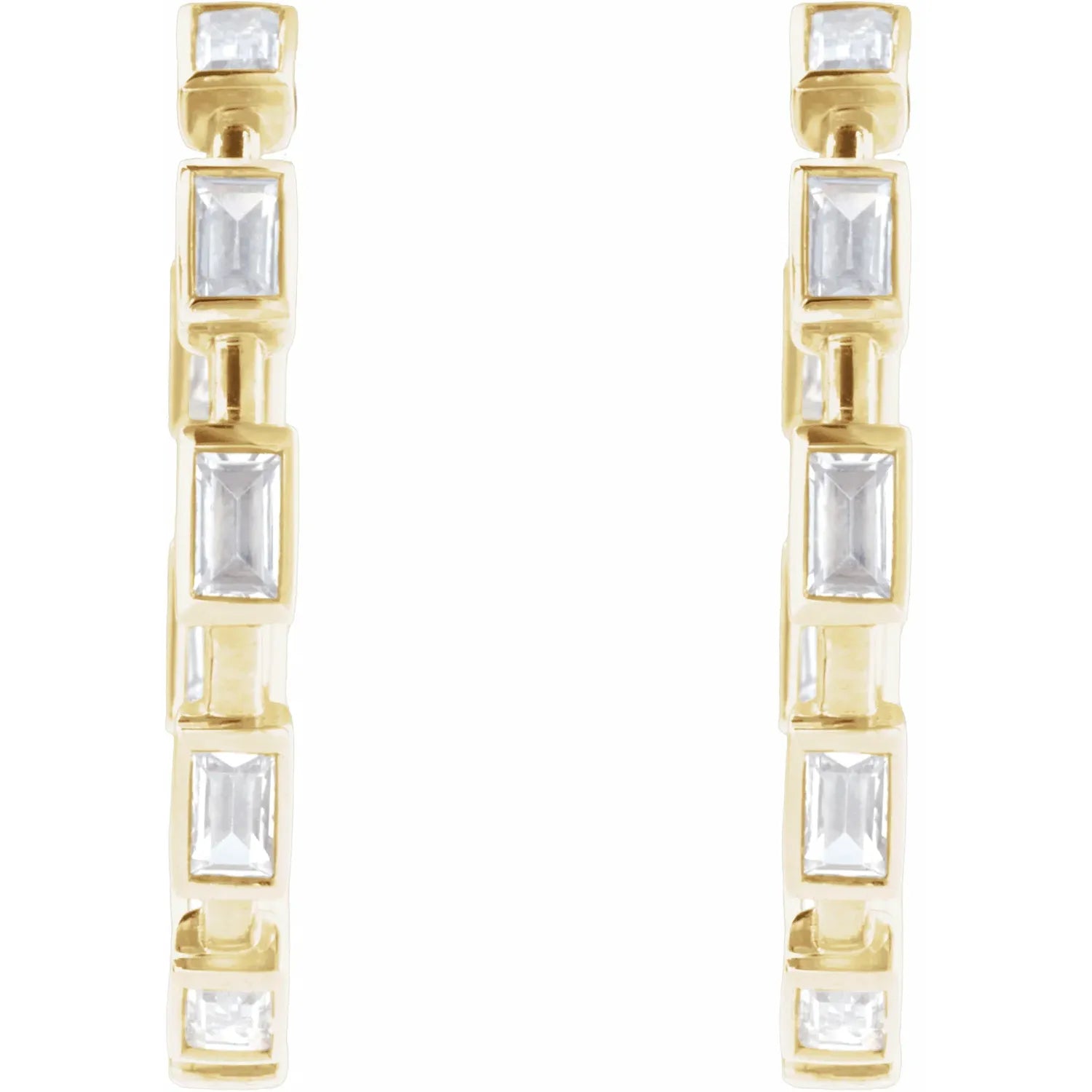 1 1/4 CTW Straight Baguette Lab Grown Diamond Hoop Earrings yellow gold showing stones 