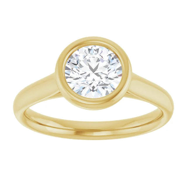 1 CTW Bezel Set Lab Grown Solitaire Diamond Engagement Ring 14K Yellow Gold Showing Center Stone