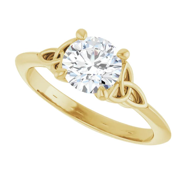 Celtic Inspired Round Solitaire Diamond Engagement Ring in Yellow Gold showing center Stone 