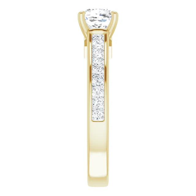 1 CT cushion cut accented shank Diamond engagement ring for women yellow gold showing channel set diamond on shank