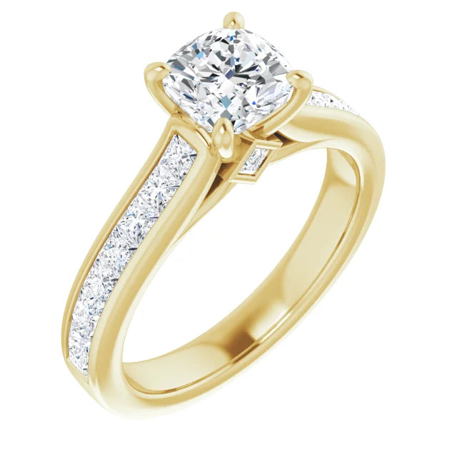 1 CT cushion cut accented shank Diamond engagement ring for women yellow gold showing diamond on the shank - center stone and under gallery 