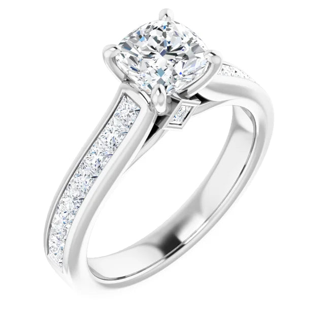 1 CT cushion cut accented shank Diamond engagement ring for women white gold sideway picture 