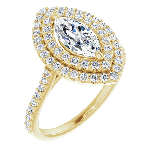 Double halo Marquise Diamond engagement Ring on yellow gold sideway picture showing shank and center stone 