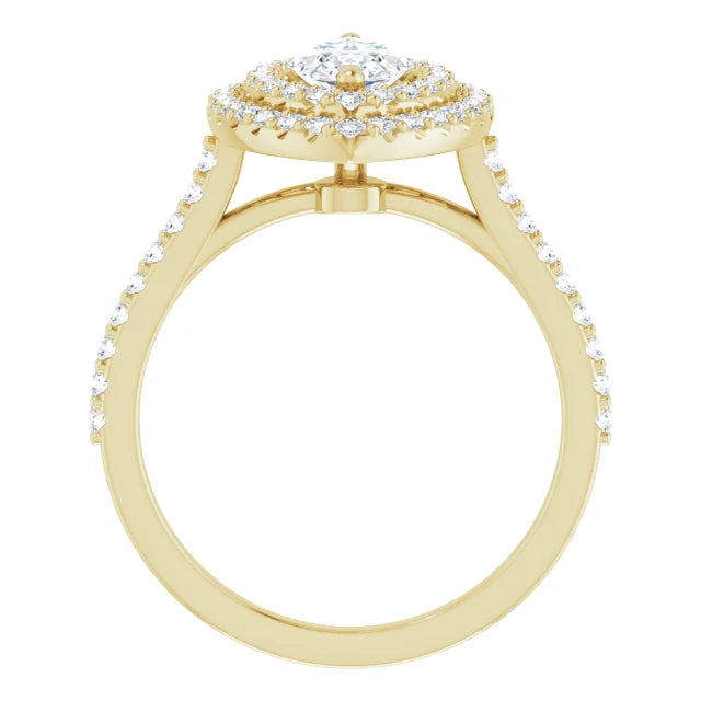 Double halo Marquise Diamond engagement Ring on yellow gold showing under gallery 