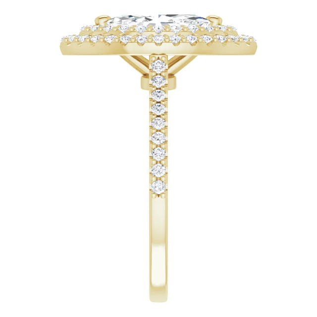 Double halo Marquise Diamond engagement Ring yellow gold showing diamond on shank