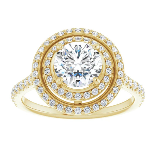 Accented shank Double Halo Lab Grown Diamond Engagement Ring yellow Gold Showing details