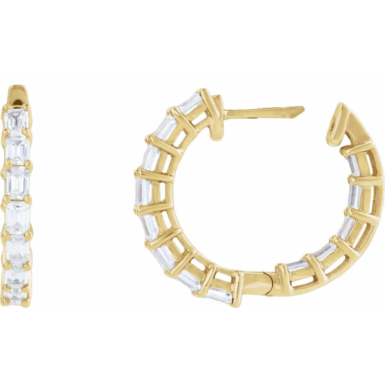 3 CTW Emerald Cut Lab-Grown Diamond Inside-Outside Hoop Earrings yellow gold open