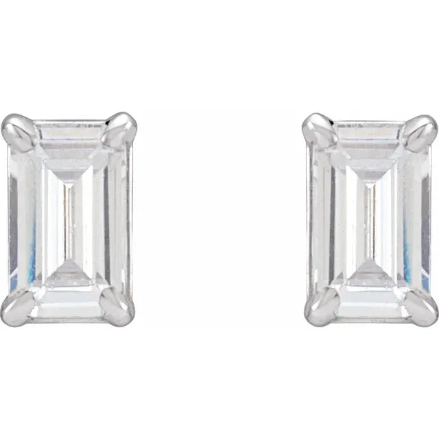 1.5 CTW Emerald Cut Lab Grown Diamond Stud Earring White Gold showing Stones and Prongs