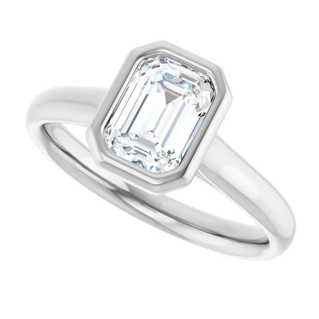 1 CT Bezel Set emerald Cut diamond engagement ring sideway picture showing center stone 