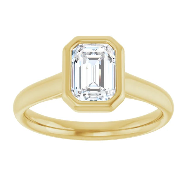 1 CT Bezel Set emerald Cut diamond engagement ring on Yellow gold showing center stone 