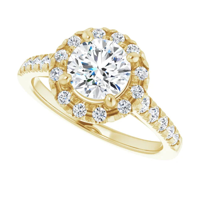 French Set Halo Style Lab Grown Diamond Engagement Ring Yellow Gold Showing Details 