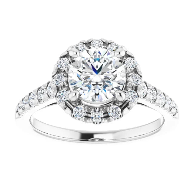 French Set Halo Style Lab Grown Diamond Engagement Ring 14K White Gold Showing Details