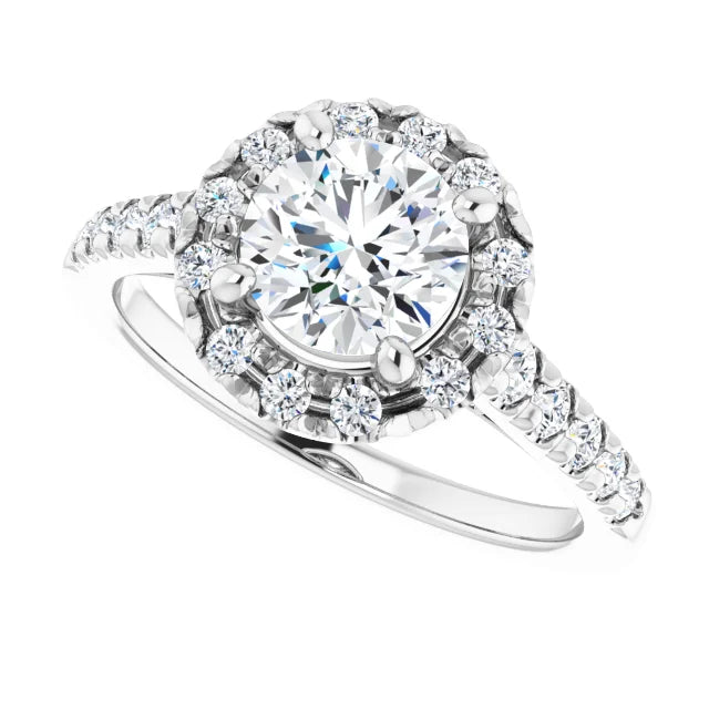 French Set Halo Style Lab Grown Diamond Engagement Ring 14K White Gold Showing Center Stone