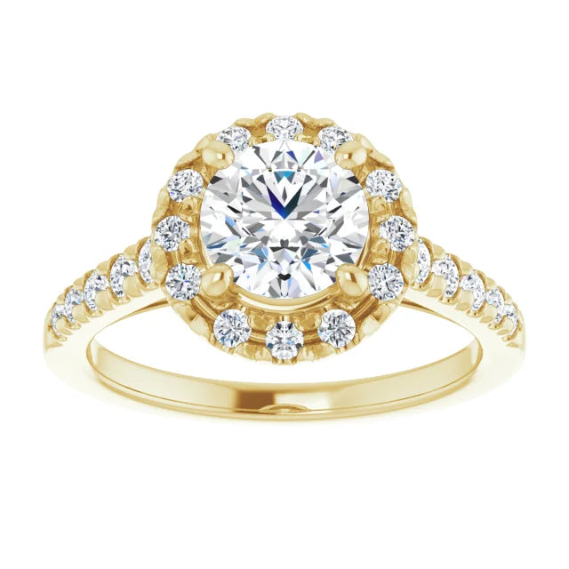 French Set Halo Style Lab Grown Diamond Engagement Ring 14K Yellow Gold Showing Center Stone 