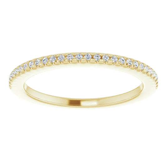 French Set Diamond Wedding band for women on yellow gold showing diamond stones 