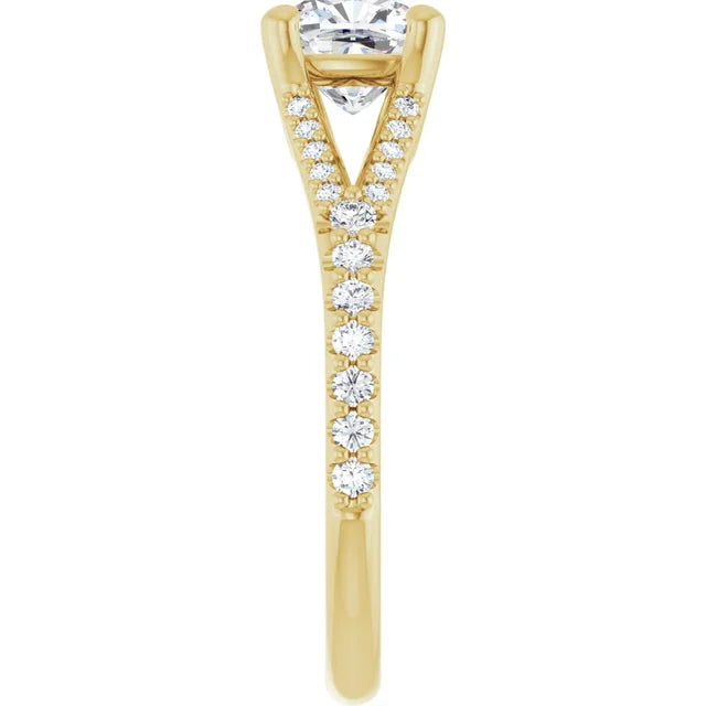 1 CT Accented Shank Cushion Cut Diamond engagement Ring on yellow gold showing diamond on the shank 